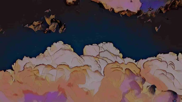 Digitale Illustration von rosa und orange Wolken vor einem dunklen Himmel.