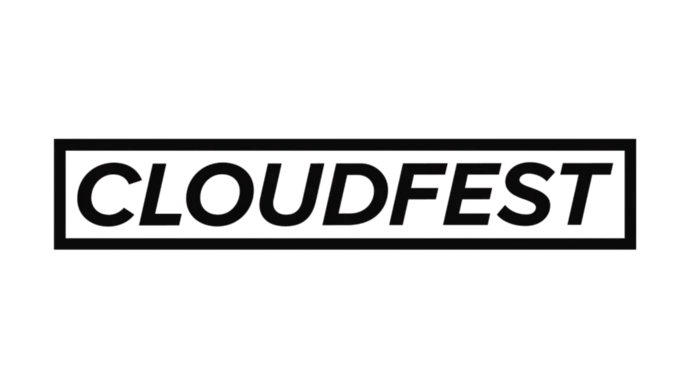 Schwarzes CloudFest-Logo in Großbuchstaben, umrahmt von einem rechteckigen Rahmen auf weißem Hintergrund.
