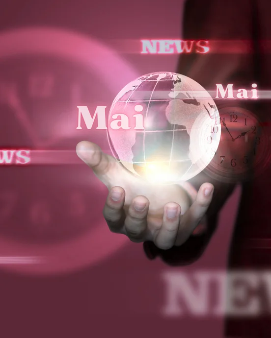 Hand hält leuchtende Weltkugel, umgeben von Schriftzügen "Mai" und "News" vor verschwommenem Hintergrund mit Uhr.
