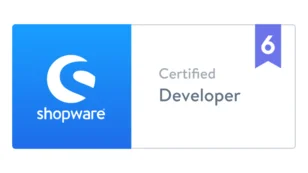 Shopware 6 Certified Developer Badge mit blauem Logo und grauem Text auf weißem Hintergrund.