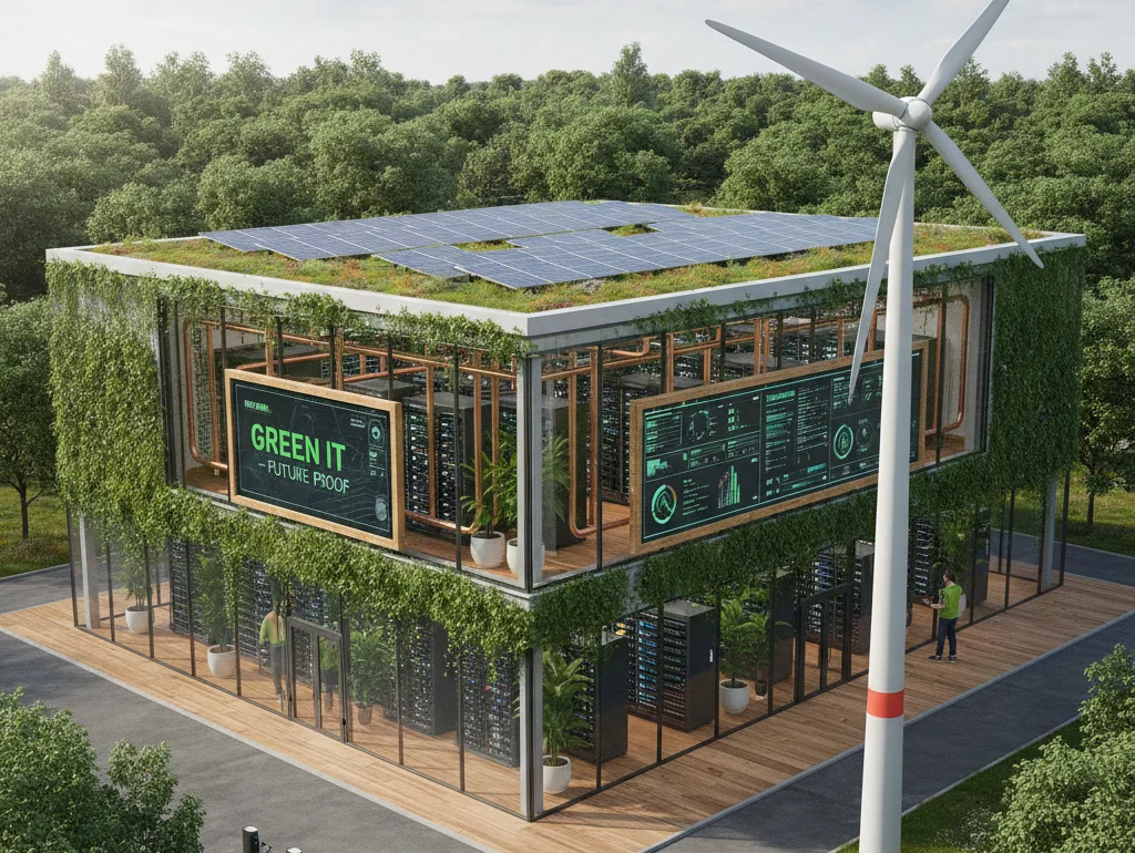 Modernes, zweistöckiges Gebäude mit Solardach und Windturbine, umgeben von Bäumen, zeigt nachhaltige IT-Infrastruktur.