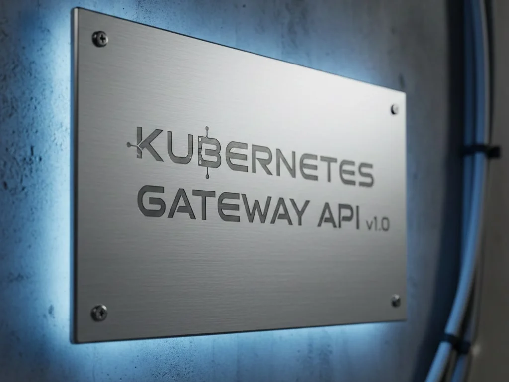 Metallschild an der Wand mit der Aufschrift "KUBERNETES GATEWAY API v1.0", beleuchtet und von Kabeln umrahmt.