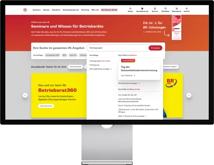 Computerbildschirm mit geöffneter Webseite über Betriebsratsseminare, rotes Menü, Suchfunktion mit Eingabevorschlägen.