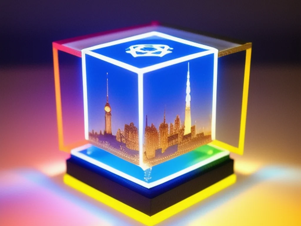 Leuchtender Würfel mit integrierten Skyline- und Tech-Symbolen, dargestellt in multicolor Beleuchtung.