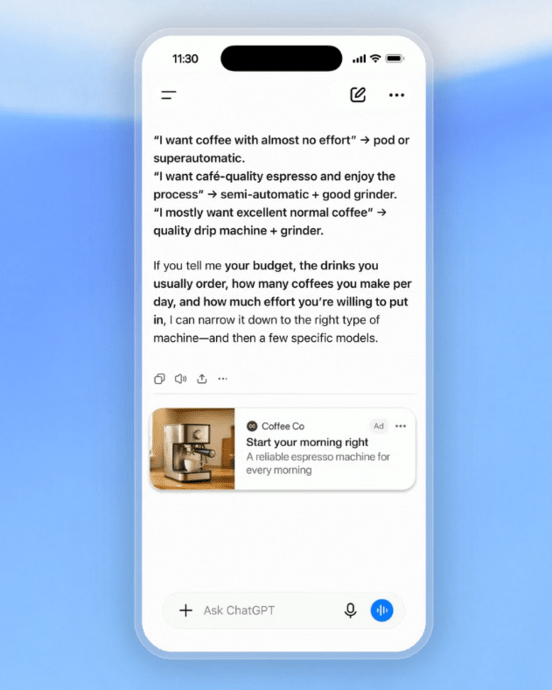 Smartphone zeigt ChatGPT-Interface mit Text über Kaffeeautomatenwahl und Bild eines Kaffeeautomaten.