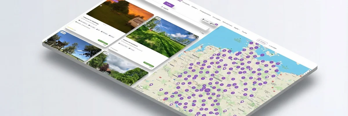 Interaktive Karte Deutschlands mit violetten Markierungen und Naturfotos, angezeigt auf einer Website-Oberfläche.