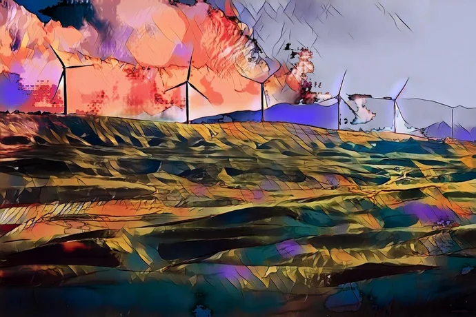 Abstrakte Landschaft mit Windturbinen vor einem farbenfrohen, dramatischen Himmel.