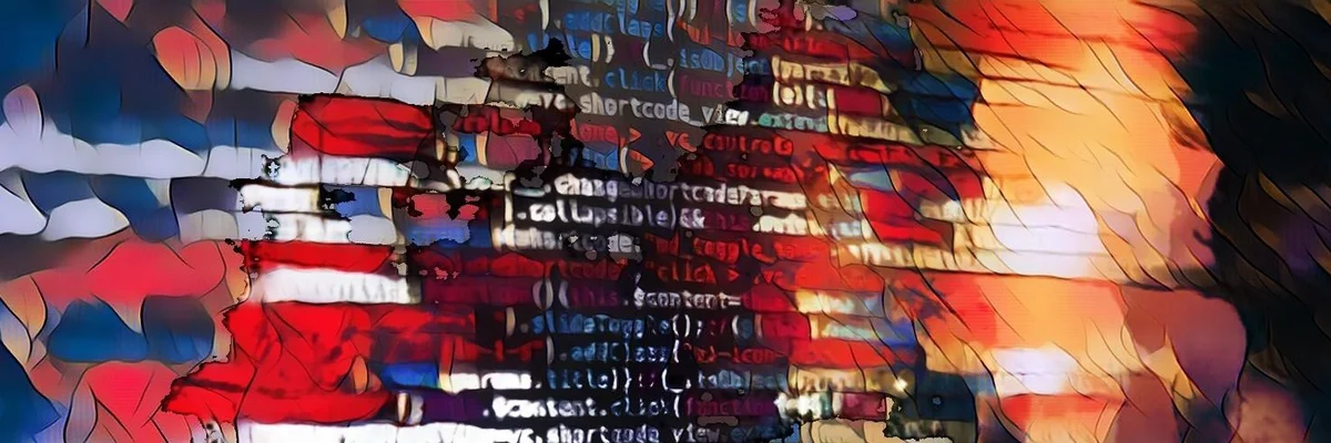 Abstrakte Darstellung von Textzeilen, die mehrfarbig beleuchtet und verzerrt sind, mit technologischem Flair.