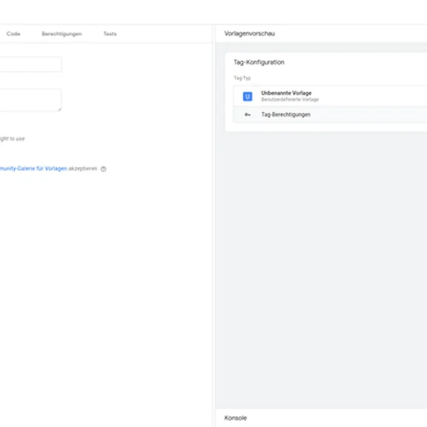 Benutzeroberfläche des Vorlagengenerators in Google Cloud, zeigt Eingabefelder und Tag-Konfiguration auf weißem Hintergrund.