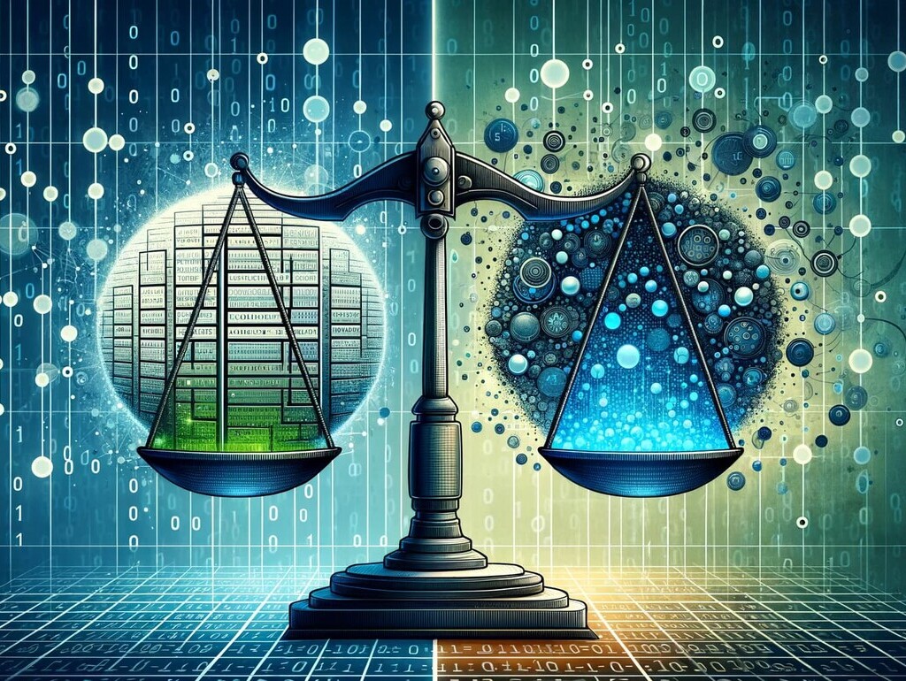 A captivating blog header image that contrasts 'SQL' and 'NoSQL'. To the left, represent 'SQL' with a detailed depiction of structured tables